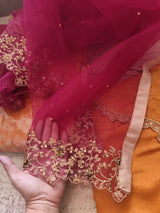 Mustard yellow with pink dupatta dress material. - Neel Creations By Saanvi