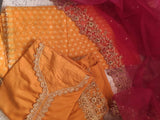 Mustard yellow with pink dupatta dress material. - Neel Creations By Saanvi