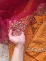 Mustard yellow with pink dupatta dress material. - Neel Creations By Saanvi