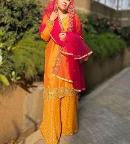 Mustard yellow with pink dupatta dress material. - Neel Creations By Saanvi