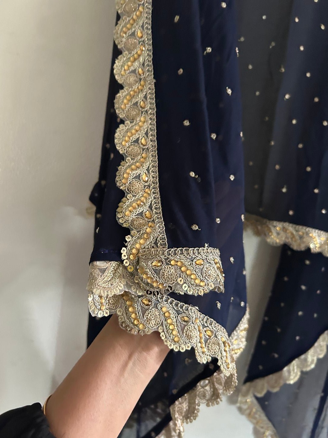 Navy Blue Georgette dupatta with scallop border - Neel Creations By Saanvi