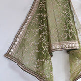 Olive Green organza embroidered dupatta with border. Sabyasachi inspired mehndi green dupatta - Neel Creations By Saanvi