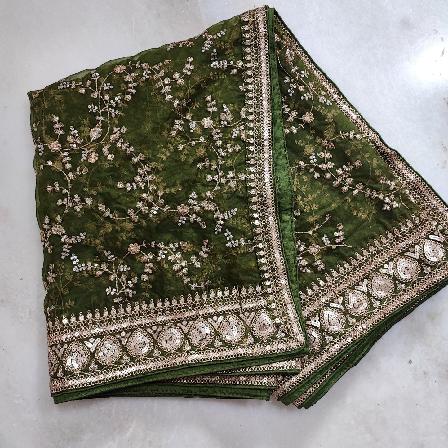 Olive Green organza embroidered dupatta with border. Sabyasachi inspired mehndi green dupatta - Neel Creations By Saanvi