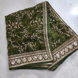 Olive Green organza embroidered dupatta with border. Sabyasachi inspired mehndi green dupatta - Neel Creations By Saanvi