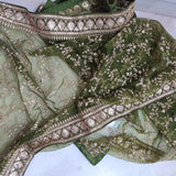 Olive Green organza embroidered dupatta with border. Sabyasachi inspired mehndi green dupatta - Neel Creations By Saanvi