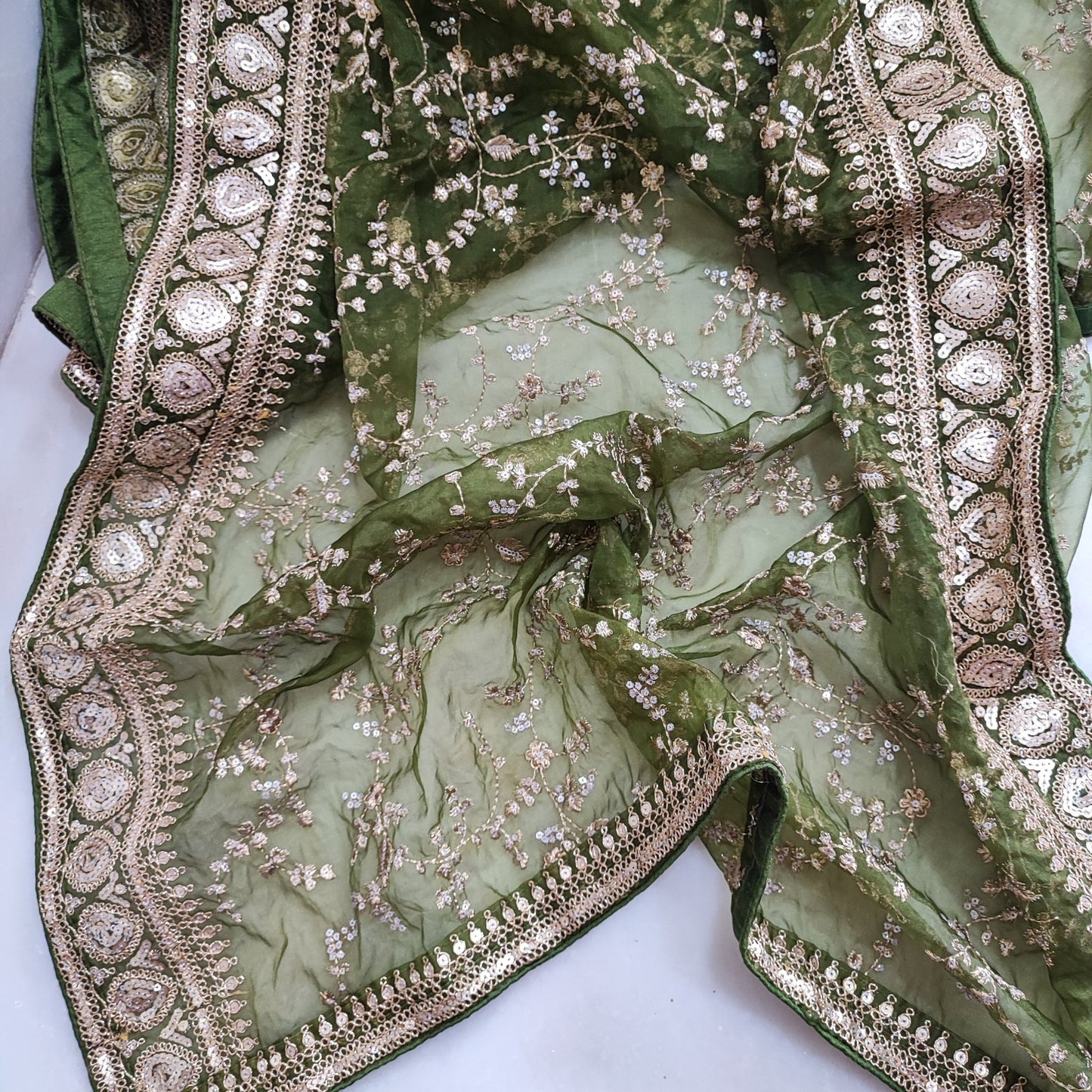Olive Green organza embroidered dupatta with border. Sabyasachi inspired mehndi green dupatta - Neel Creations By Saanvi