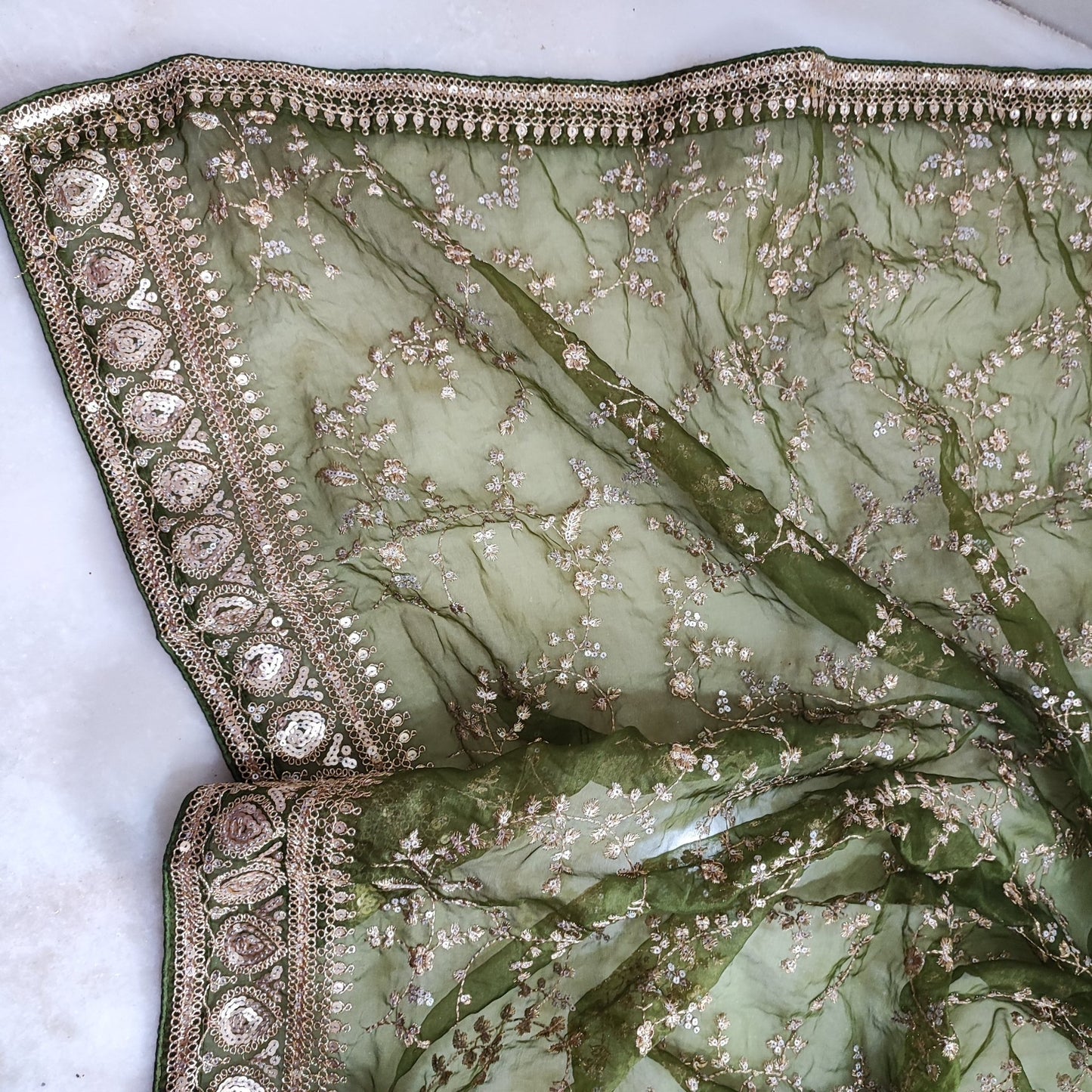 Olive Green organza embroidered dupatta with border. Sabyasachi inspired mehndi green dupatta - Neel Creations By Saanvi