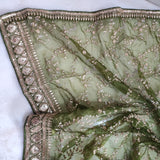 Olive Green organza embroidered dupatta with border. Sabyasachi inspired mehndi green dupatta - Neel Creations By Saanvi