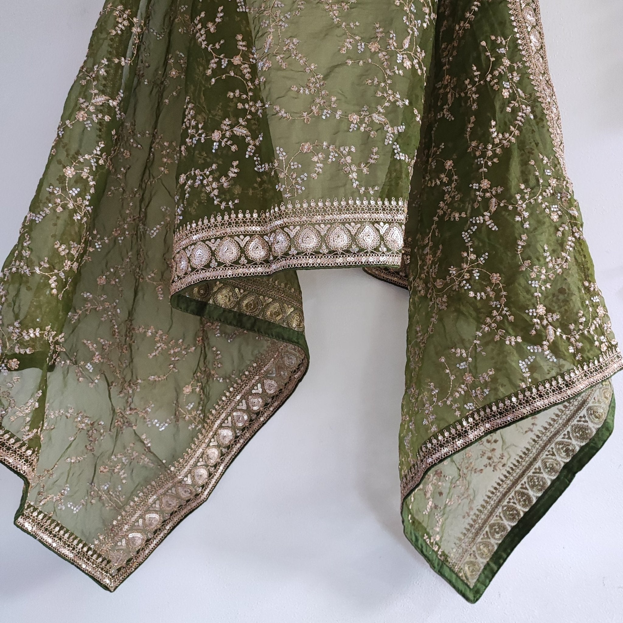 Olive Green organza embroidered dupatta with border. Sabyasachi inspired mehndi green dupatta - Neel Creations By Saanvi