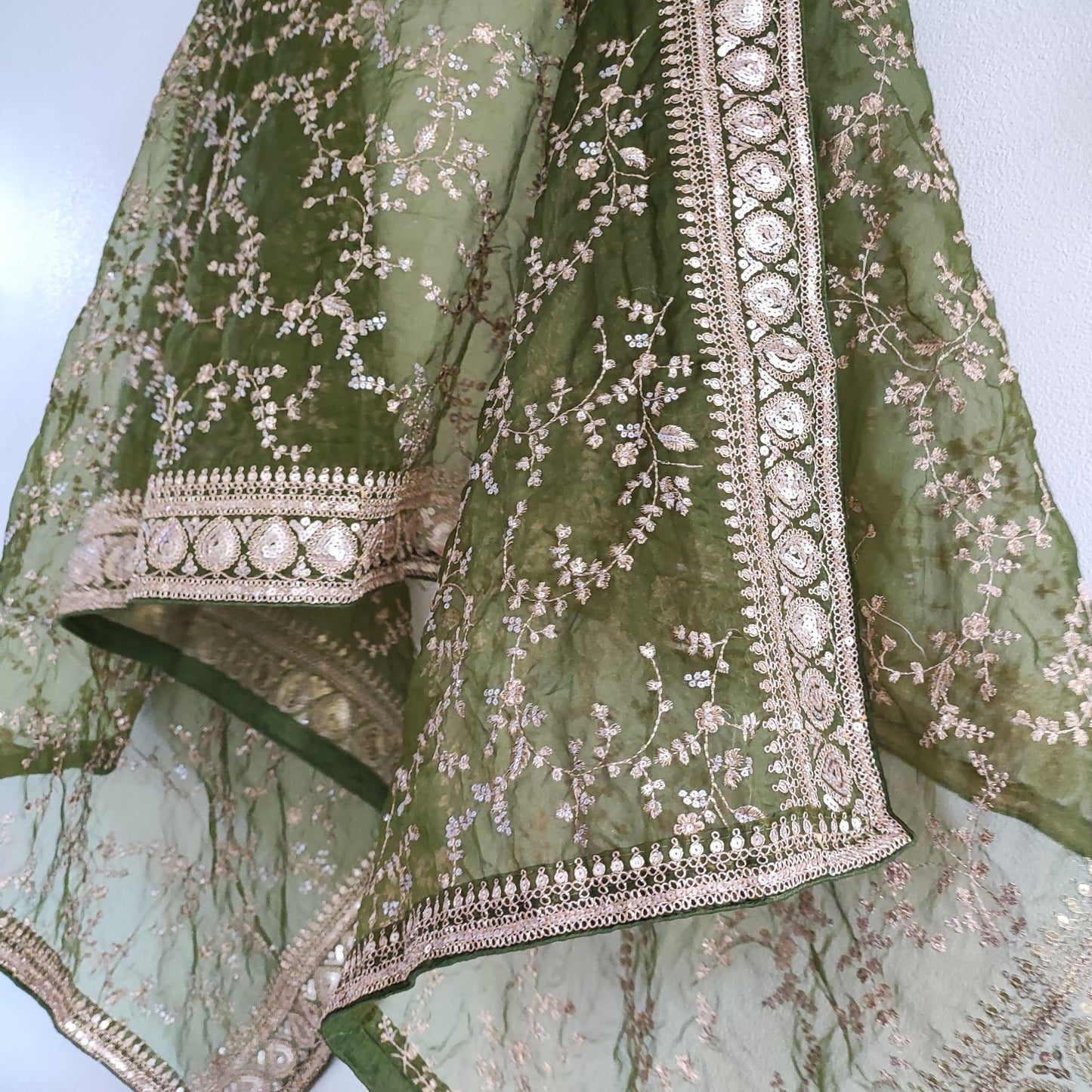 Olive Green organza embroidered dupatta with border. Sabyasachi inspired mehndi green dupatta - Neel Creations By Saanvi