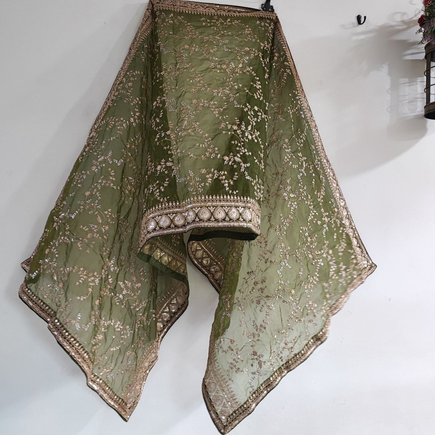 Olive Green organza embroidered dupatta with border. Sabyasachi inspired mehndi green dupatta - Neel Creations By Saanvi