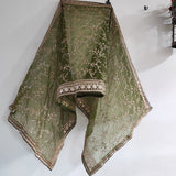 Olive Green organza embroidered dupatta with border. Sabyasachi inspired mehndi green dupatta - Neel Creations By Saanvi