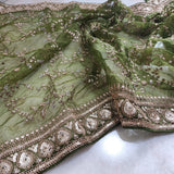 Olive Green organza embroidered dupatta with border. Sabyasachi inspired mehndi green dupatta - Neel Creations By Saanvi