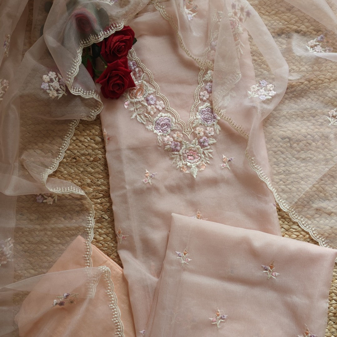 Peachy Pink Parsi Embroidery Pure Organza unstitched suit