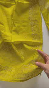 Yellow Mul Chanderi dress material with mukaish -Paisley