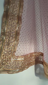 Mauve Indian net dupatta with glitter dots and gold border all over. Long bridal dupatta for women.
