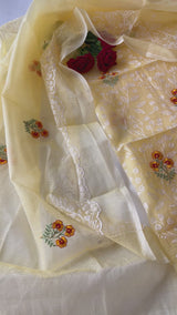 Yellow Kotta floral embroidered kurta dupatta set Unstitched