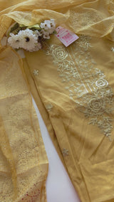 Pastel Yellow Mul Chanderi dress material with pitta and mukaish work dupatta