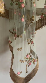 Mint Green Floral net dupatta.