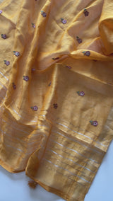 Yellow Pure Silk Linen embroidered premium unstitched dress material