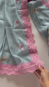 Blue Sunflower Embroidery Mul Masleen Dress material