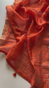 Orange Pure Silk Linen embroidered premium unstitched dress material