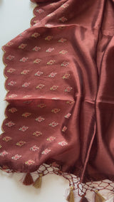 Brown Raw Mango handloom embroidered unstitched suit.