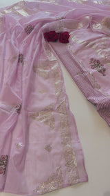 Purple Block print and pitta work on Mul Chanderi dunstitched Suit set