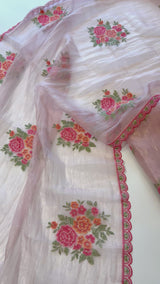 Pink Glass tissue with floral cross stitch embroidery dress material