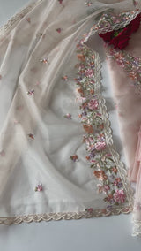 Peach thread Embroidery unstitched suit
