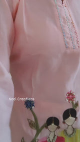 Pink of Co-ord set with doll embroidery. Designer pant and shirt set