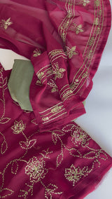 Maroon Georgette Knot Embroidery Unstitched suit set 3 pc