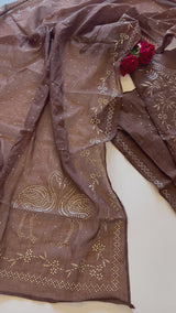 Brown Mul Chanderi dress material with mukaish -Flamingo