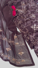 Brown Georgette Knot Embroidery Unstitched suit set 3 pc
