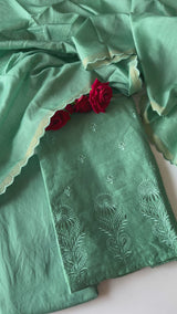Green Pure Chanderi patchwork Embroidery scallop unstitched suit