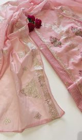 Block print and pitta work on Mul Chanderi dunstitched Suit set