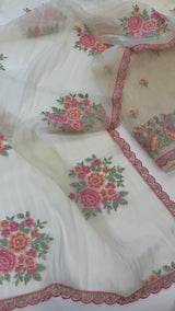 Light Gold Glass tissue with floral cross stitch embroidery dress material