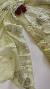 Block print and pitta work on Mul Chanderi dunstitched Suit set