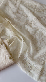 Off white Mul Chanderi dress material with pitta and mukaish work dupatta