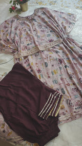Printed embroidered coord set with belt.
