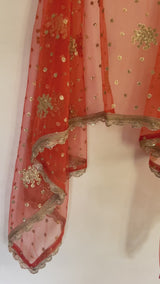 Orange Net dupatta with golden border