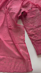 Mul Chanderi dress material with mukaish -Flamingo