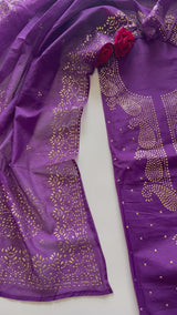 Purple Mul Chanderi dress material with mukaish -Paisley