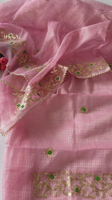 Pink Kotta with gotta embroidered kurta dupatta set Unstitched