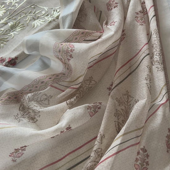Elegant light cream mul linen unstitched salwar suit material featuring delicate pitta work and graceful all over prints. Perfect for daytime functions, festive gatherings and sophisticated ethnic styling.