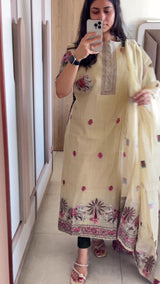 Beige Cotton Jamdani work dress material unstitched Suit set