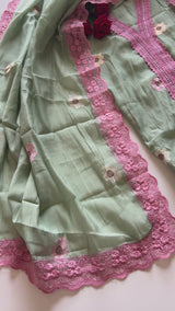 Green Sunflower Embroidery Mul Masleen Dress material