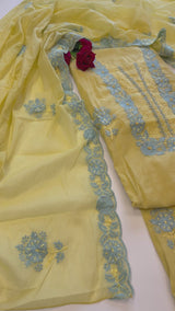 Yellow Mul Chanderi embroidered Unstitched Suit