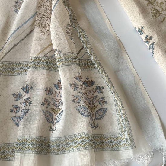 Elegant light cream mul linen unstitched salwar suit material featuring delicate pitta work and graceful all over prints. Perfect for sophisticated everyday and festive ethnic wear.