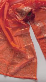 Orange Mul Chanderi dress material with mukaish -Paisley